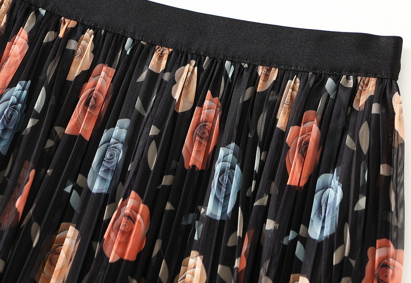 Reversible Midnight Garden Pleated Mesh Skirt - 8331_BLACK