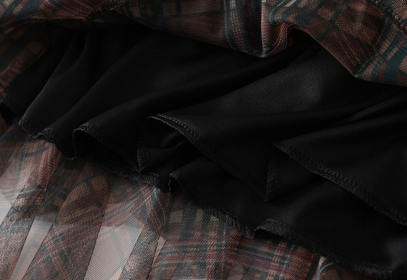 Brown Plaid Layered Tulle Skirt