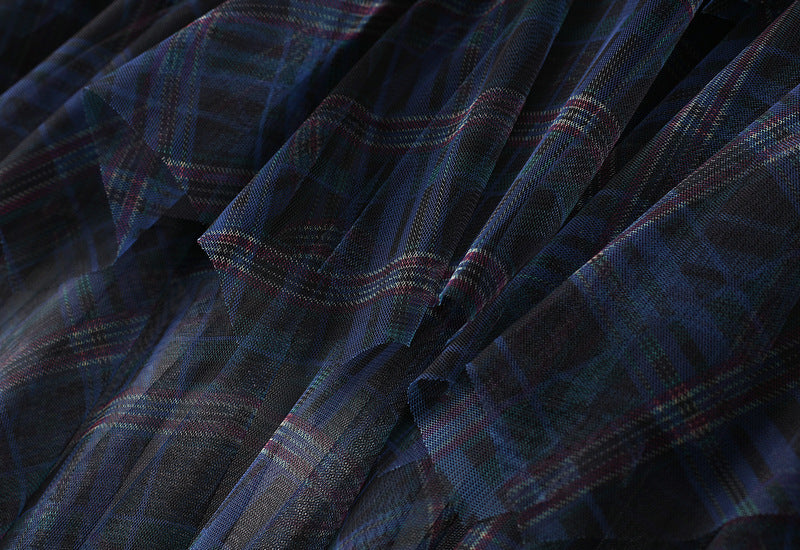 Navy Plaid Layered Tulle Skirt
