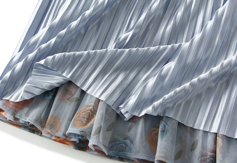 Reversible Misty Bloom Tiered Mesh Skirt - 8331_BLUE