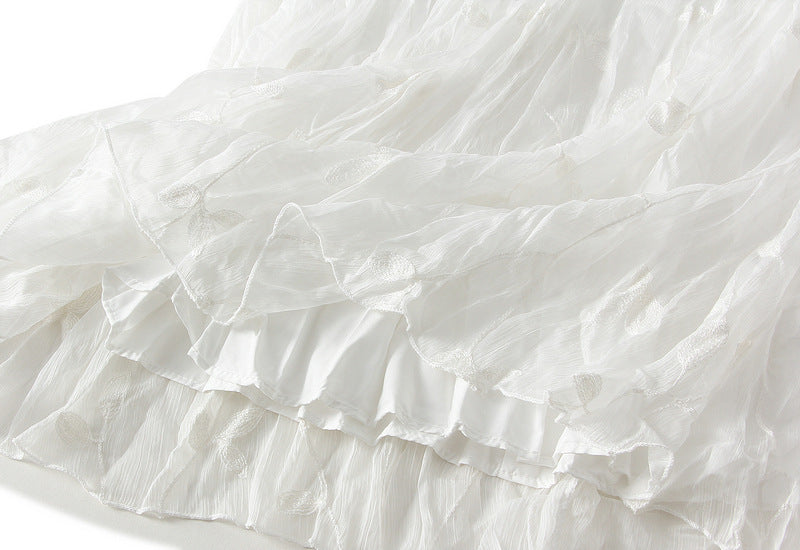 Crushed Embroidered Fabric Skirt - 2571_WHITE