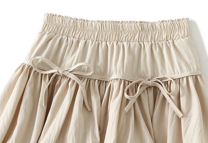 Beige Puff Mini Skirt with Bow Details