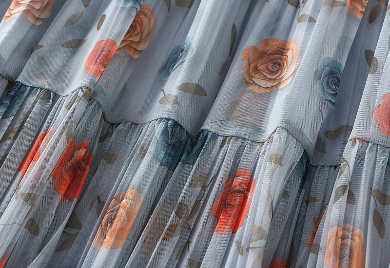 Reversible Misty Bloom Tiered Mesh Skirt - 8331_BLUE