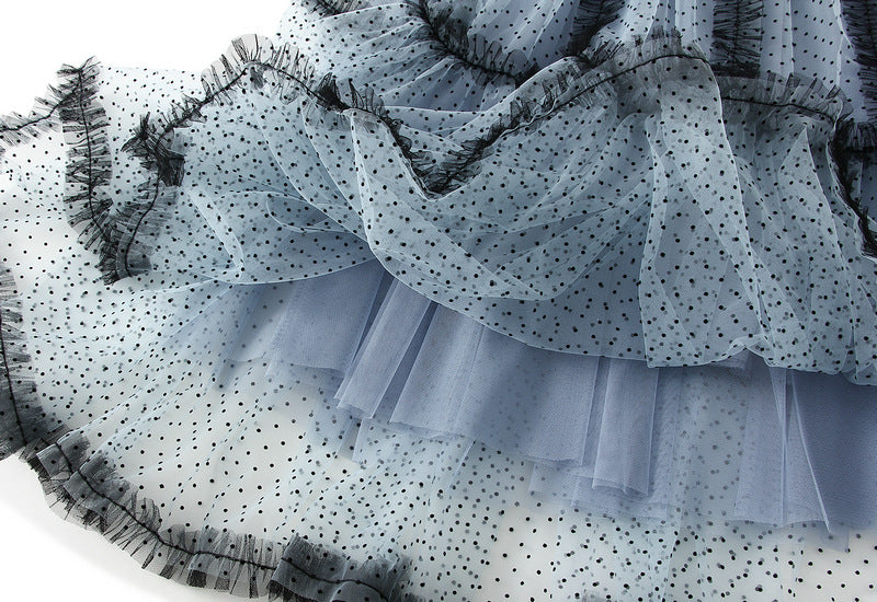 Blue Polka Dot Tulle Maxi Skirt