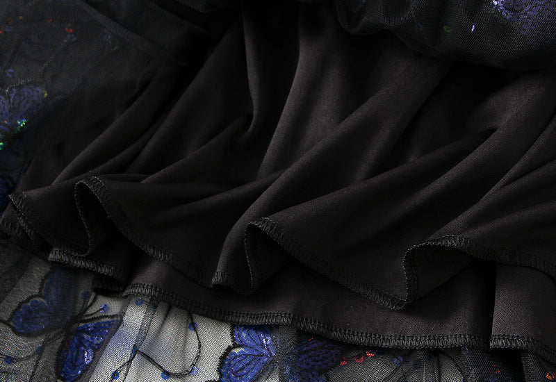Black Butterfly Embroidered Tulle Maxi Skirt