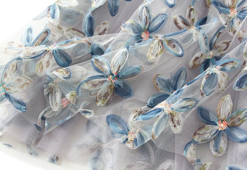 Blue Floral Embroidered Mesh Maxi Skirt