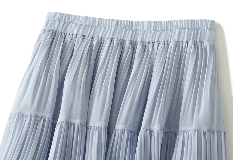 Sky Blue Tiered Pleated Midi Skirt - 9188_BLUE