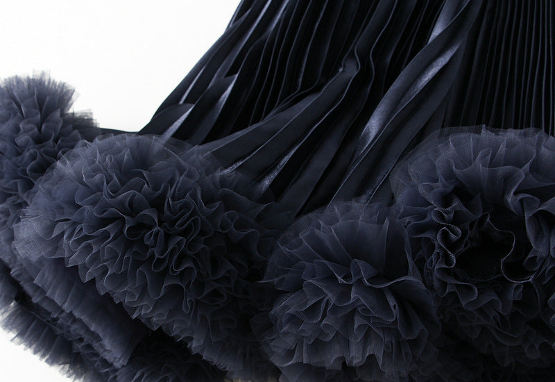 Royal Blue Pleated Tulle Hem Velvet Skirt