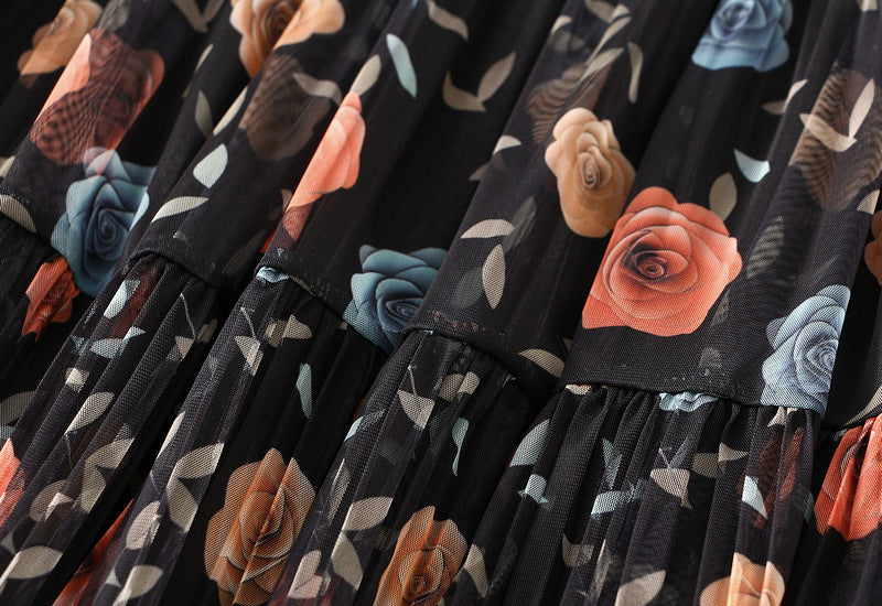 Reversible Midnight Garden Pleated Mesh Skirt - 8331_BLACK