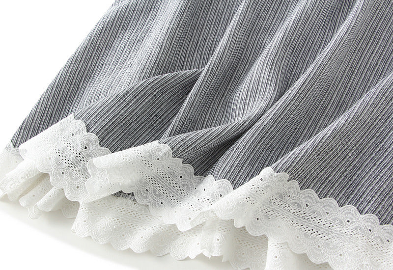 Vintage Striped Midi Skirt with Lace Trim With Pocket