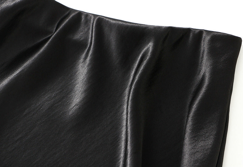 Black Satin Lace Trim Midi Skirt