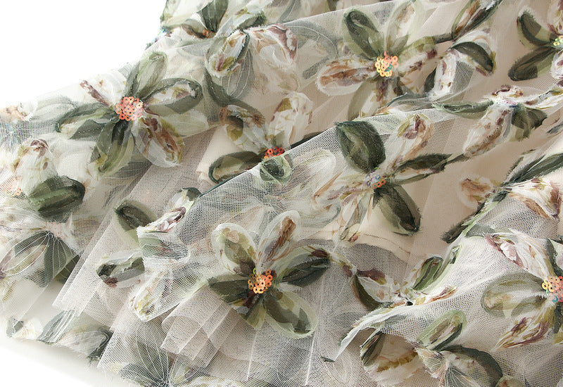 Green Floral Embroidered Mesh Maxi Skirt