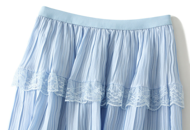 Sky Lace Tiered Pleated Skirt - 9106_BLUE