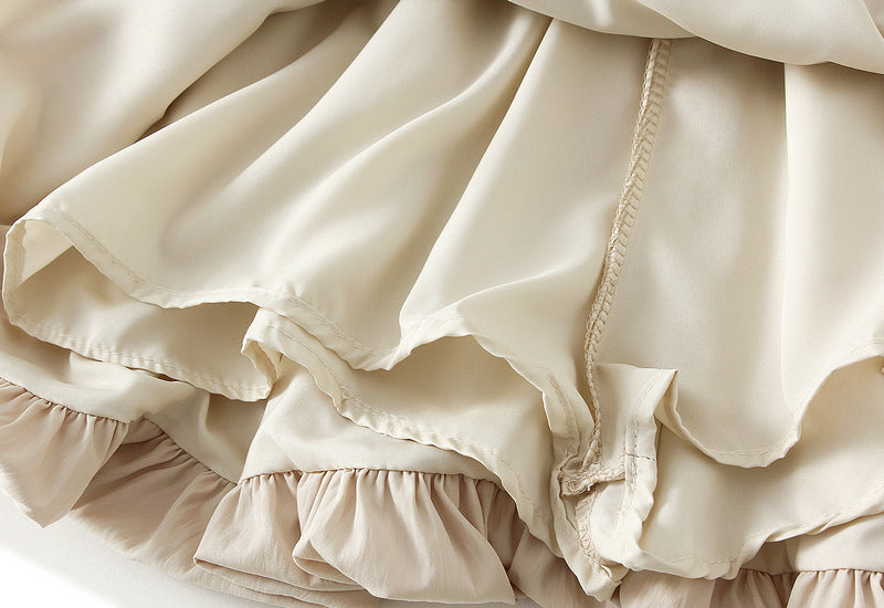 Beige Puff Mini Skirt with Bow Details