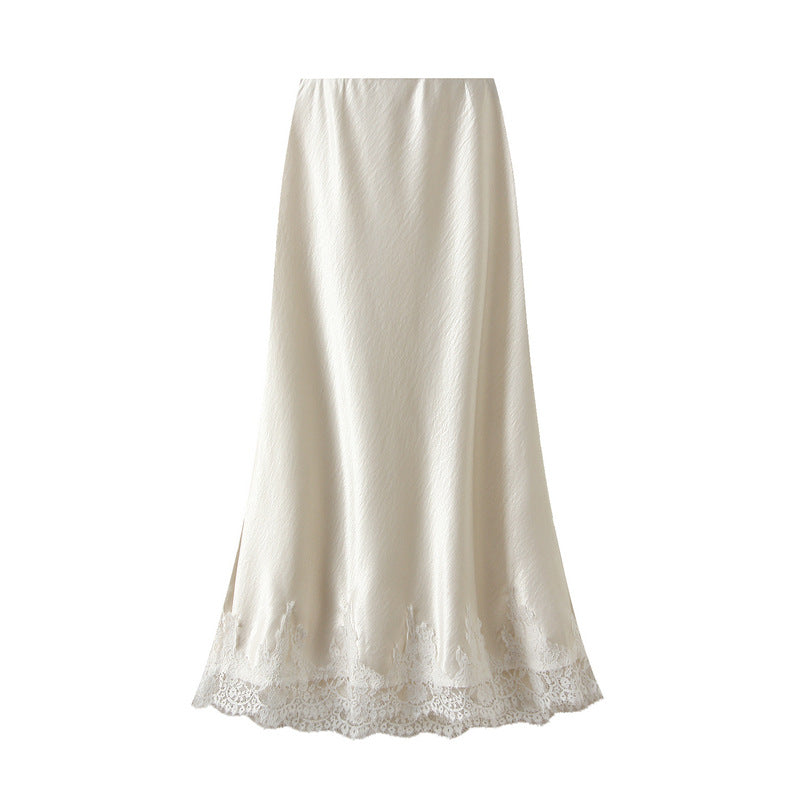 Elegant Satin Lace Trim Midi Skirt