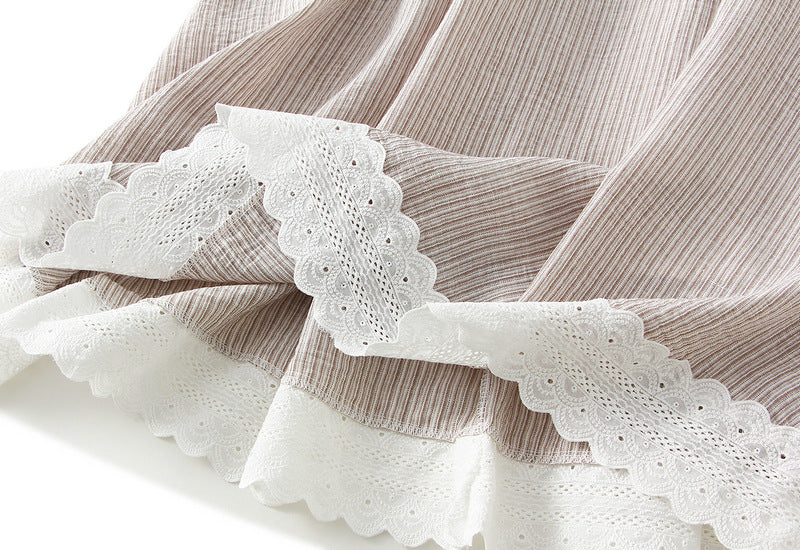 Beige Striped Midi Skirt with Lace Trim With Pocket