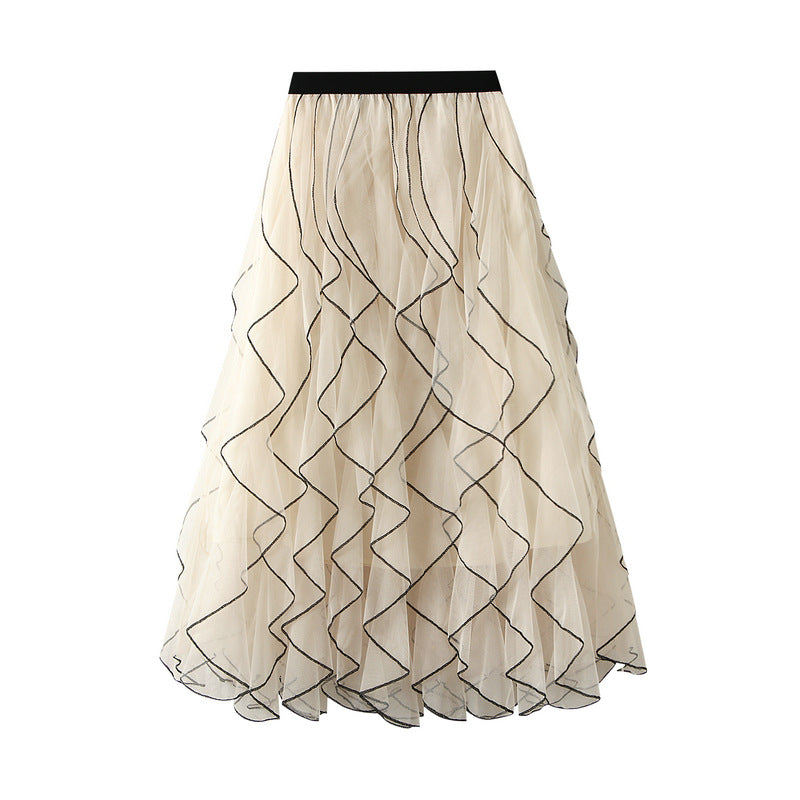 Ruffled Wavy Mesh A-Line Skirt - 0961_APRICOT