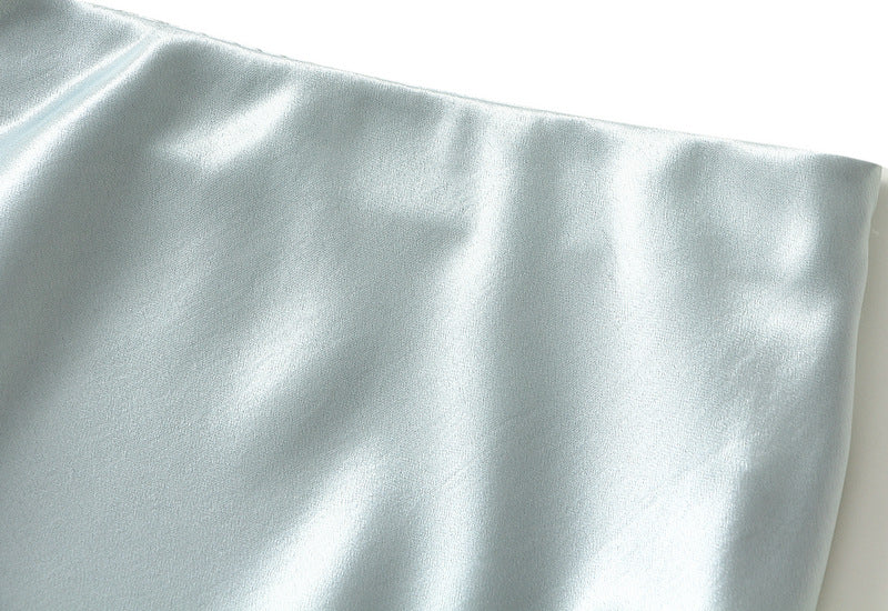 Elegant Blue Satin Lace Trim Midi Skirt