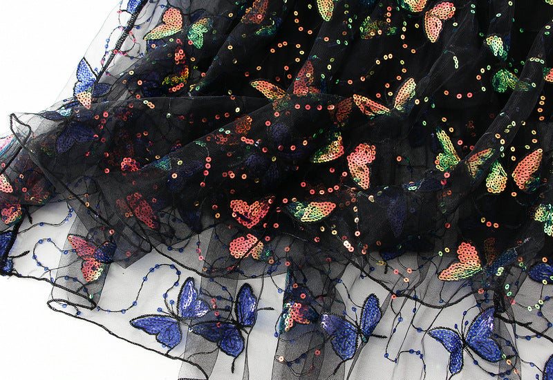 Black Butterfly Embroidered Tulle Maxi Skirt