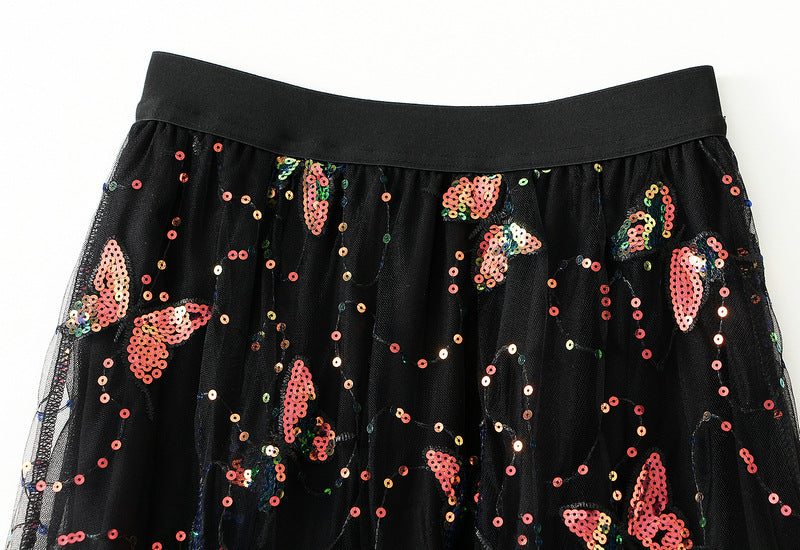 Black Butterfly Embroidered Tulle Maxi Skirt