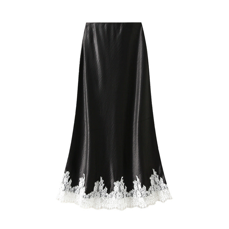 Elegant Black Satin Lace Trim Midi Skirt