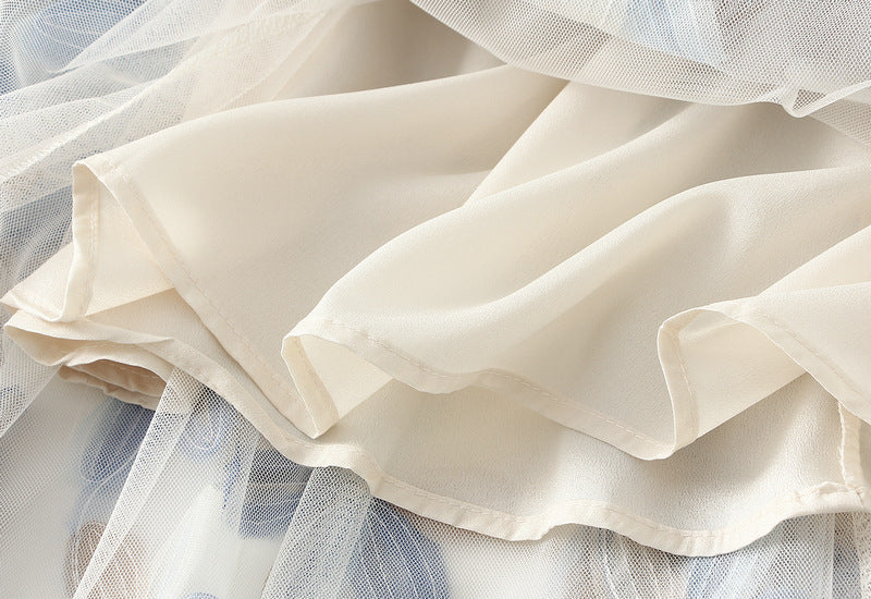 Green Floral Embroidered Mesh Maxi Skirt