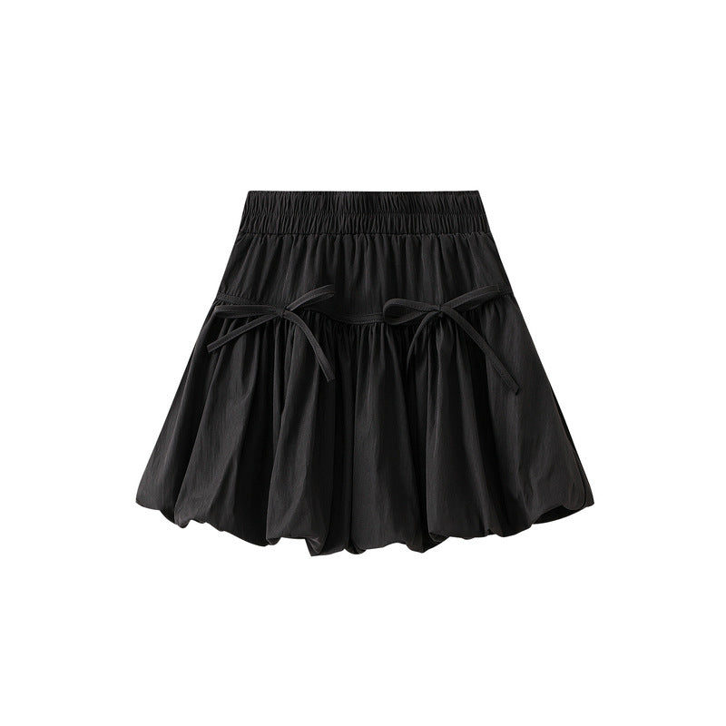 Black Puff Mini Skirt with Bow Details