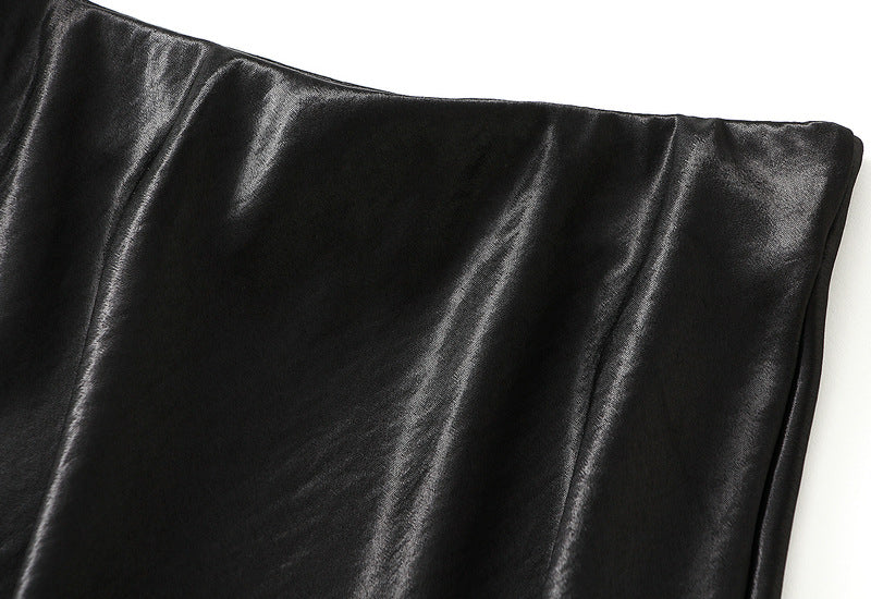 Black Satin Lace Trim Midi Skirt