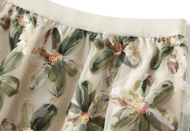 Green Floral Embroidered Mesh Maxi Skirt