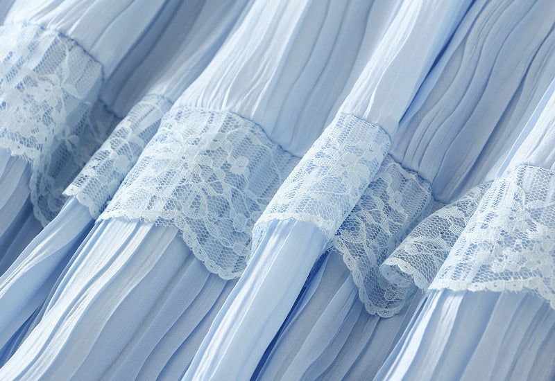 Sky Lace Tiered Pleated Skirt - 9106_BLUE