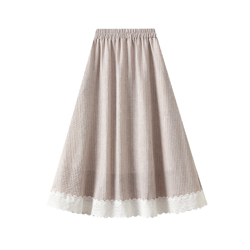 Beige Striped Midi Skirt with Lace Trim With Pocket
