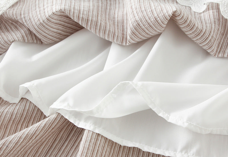 Beige Striped Midi Skirt with Lace Trim With Pocket