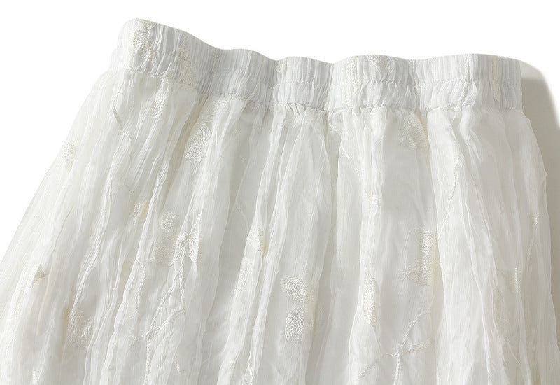 Crushed Embroidered Fabric Skirt - 2571_WHITE