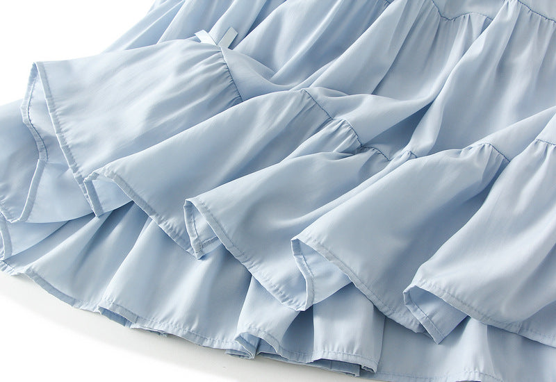 Light Blue Tiered Maxi Skirt with Bow Details