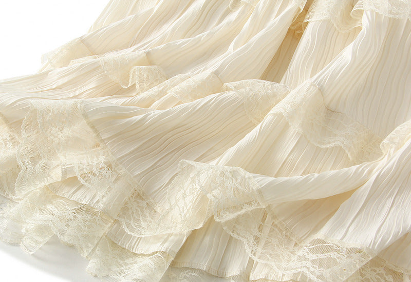 Vintage Lace Tiered Pleated Skirt  - 9106_APRICOT