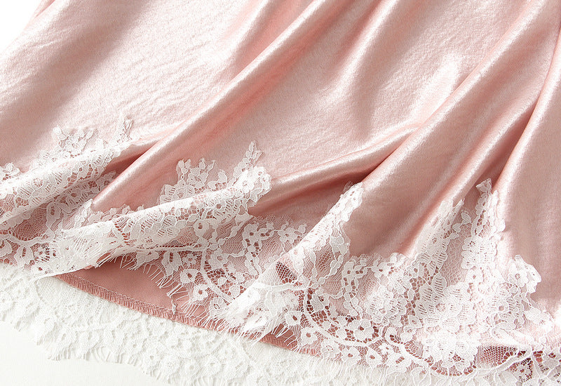 Elegant Pink Satin Lace Trim Midi Skirt