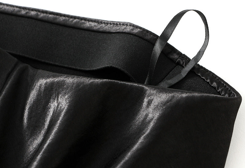 Black Satin Lace Trim Midi Skirt