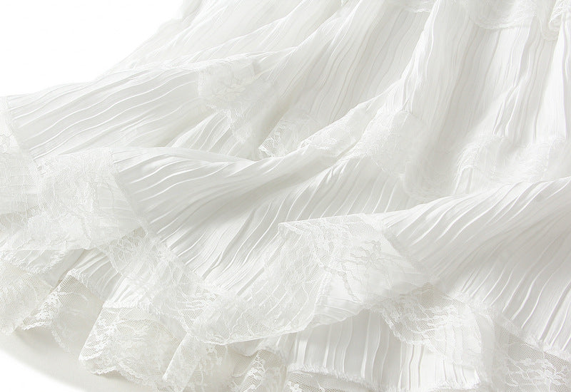 Snowfall Lace Tiered Pleated Skirt - 9106_WHITE