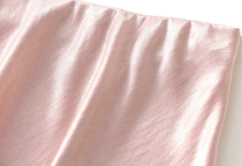 Elegant Pink Satin Lace Trim Midi Skirt