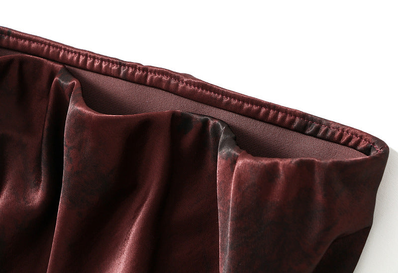 Burgundy Satin Print Midi Skirt