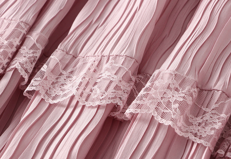 Blush Lace Tiered Pleated Skirt - 9106_PINK