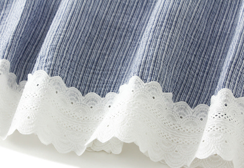 Blue Striped Midi Skirt with Lace Hem With Pocket