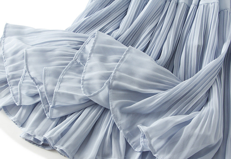 Sky Blue Tiered Pleated Midi Skirt - 9188_BLUE