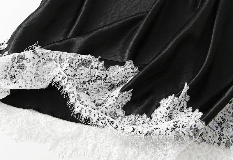 Elegant Black Satin Lace Trim Midi Skirt