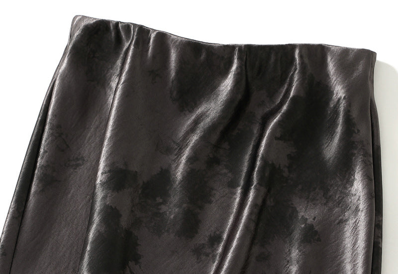 Charcoal Satin Print Midi Skirt