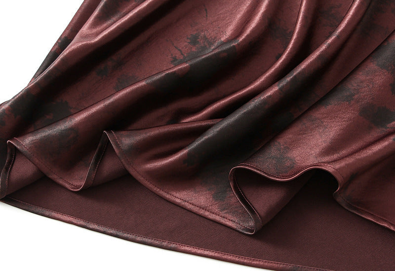 Burgundy Satin Print Midi Skirt