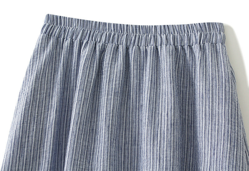 Blue Striped Midi Skirt with Lace Hem With Pocket