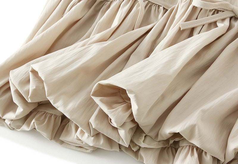 Beige Puff Mini Skirt with Bow Details