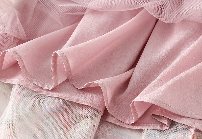 Pink Pastel Floral Embroidered Mesh Maxi Skirt