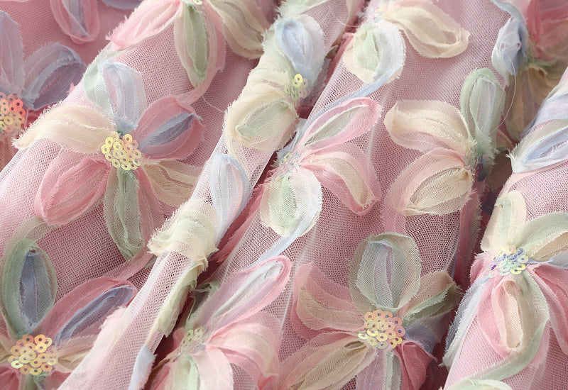 Pink Pastel Floral Embroidered Mesh Maxi Skirt
